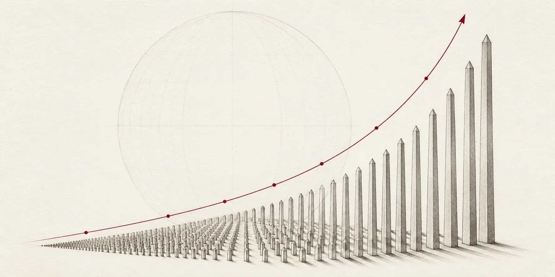 Minimal technical line illustration of a crimson exponential curve rising above rows of growing forms, evoking sustainable and inclusive growth.