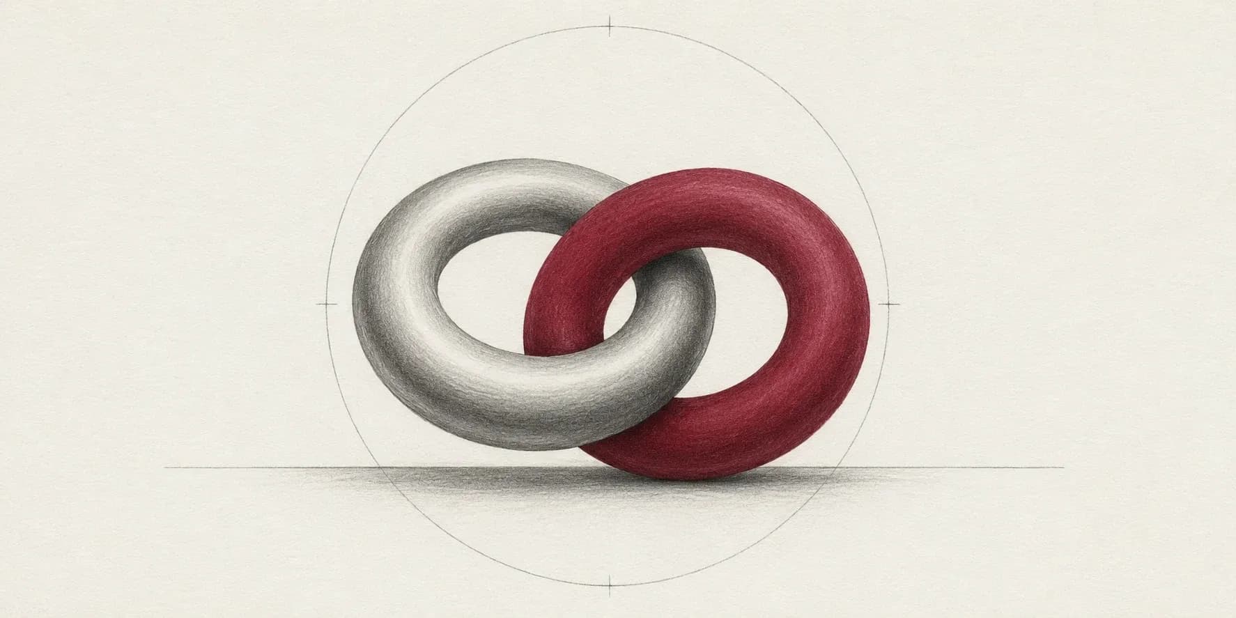 Minimal technical line illustration of two interlocking rings, one crimson, evoking interoperability between DTCC's tokenisation service and a public blockchain.